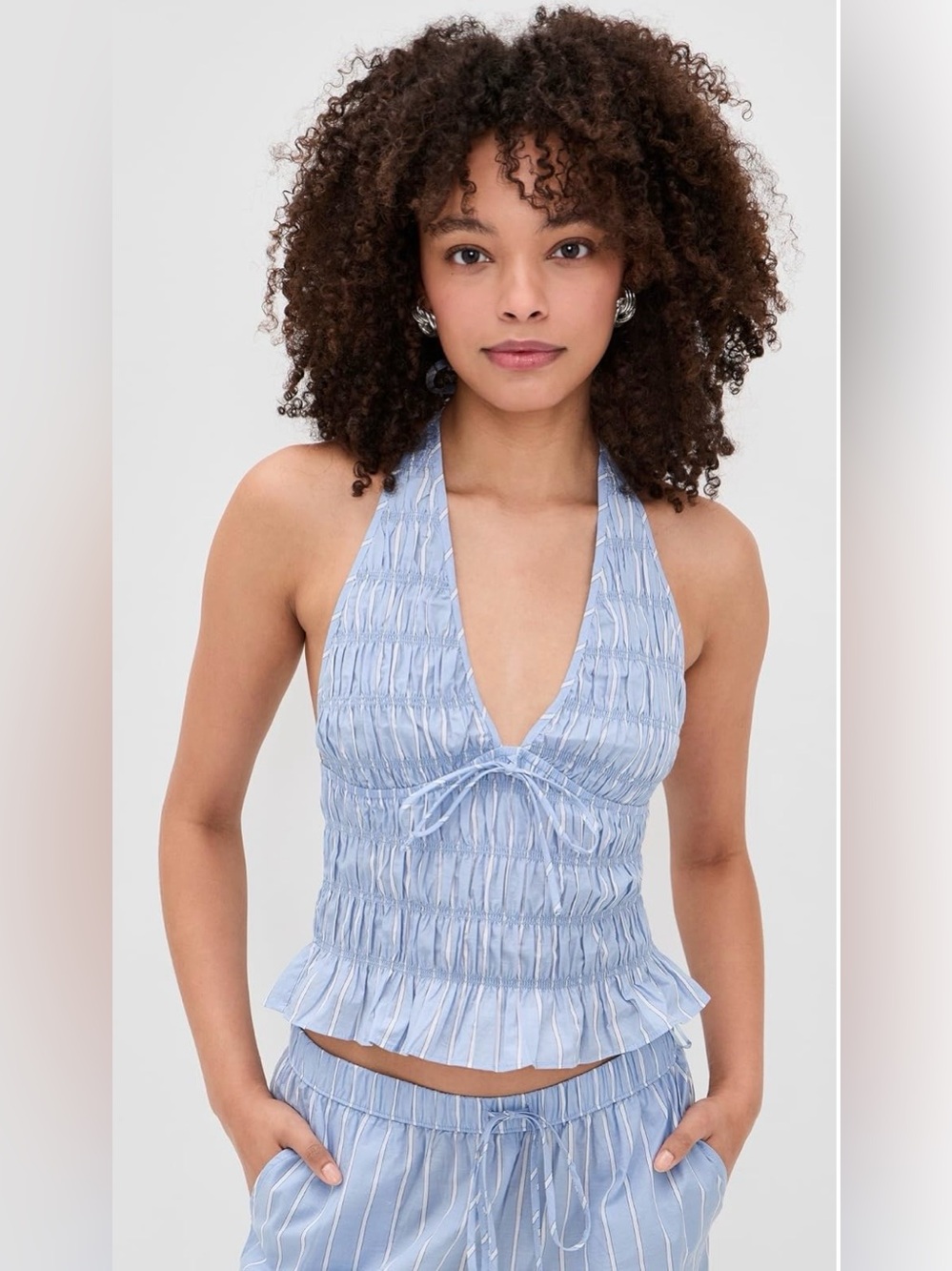 NIA Light Blue Striped Halter Smocked Top, shorts size Medium